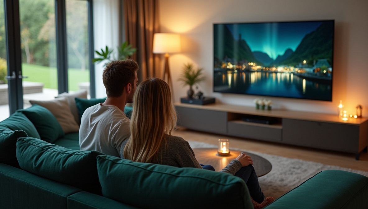 Couple watching a large wall-mounted television in a cosy living room