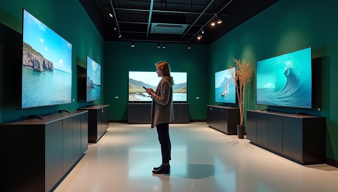 Customer comparing picture quality of televisions in a showroom