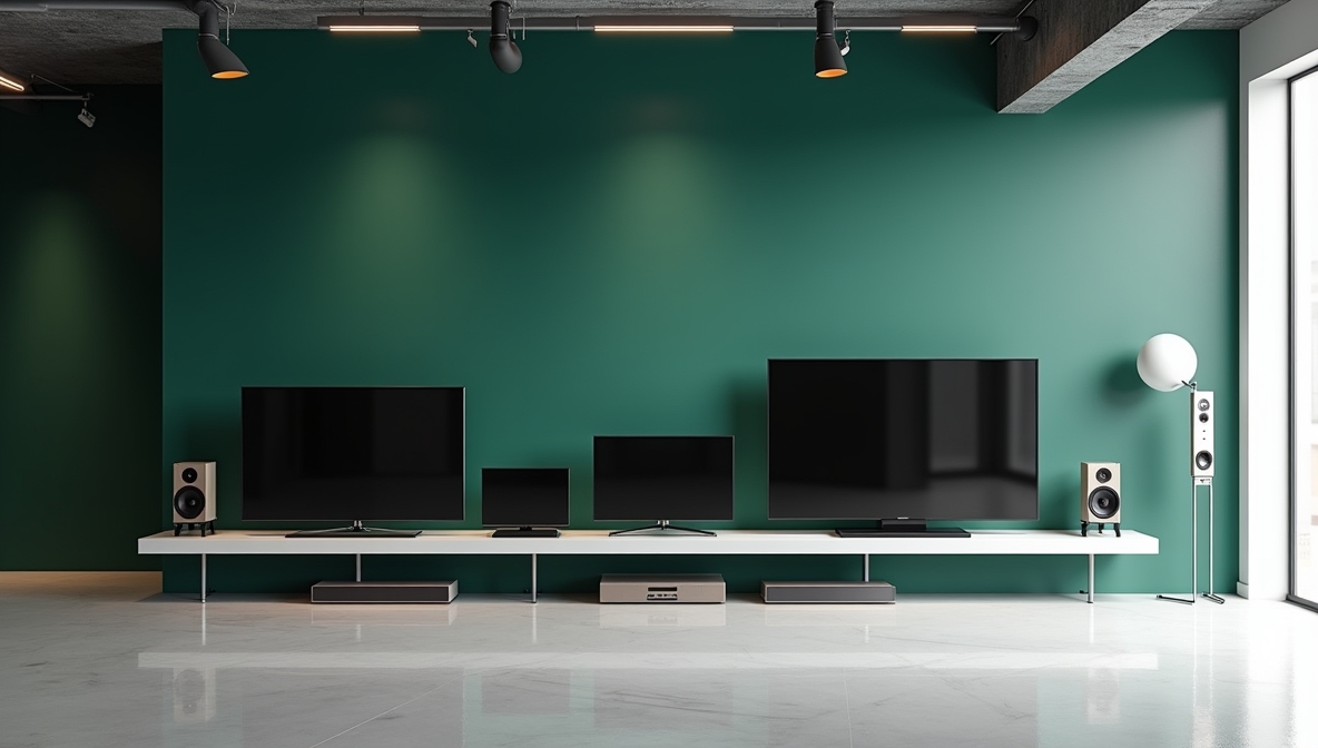Televisions of different screen sizes lined up in a showroom