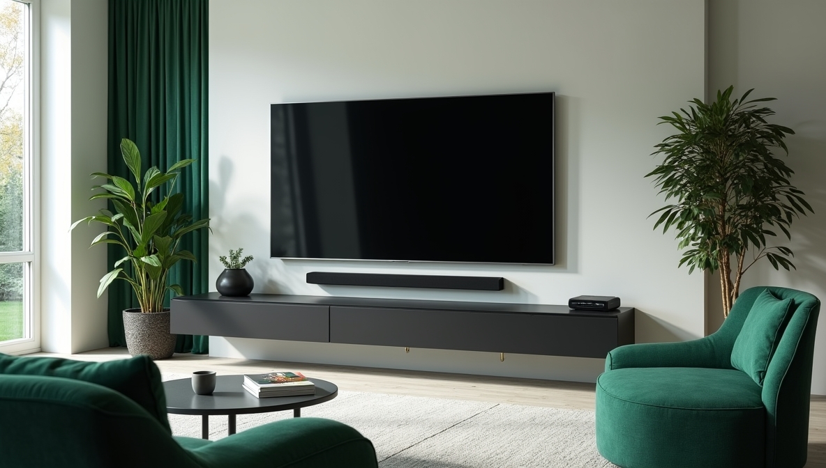 Wall-mounted television with soundbar in a bright living room